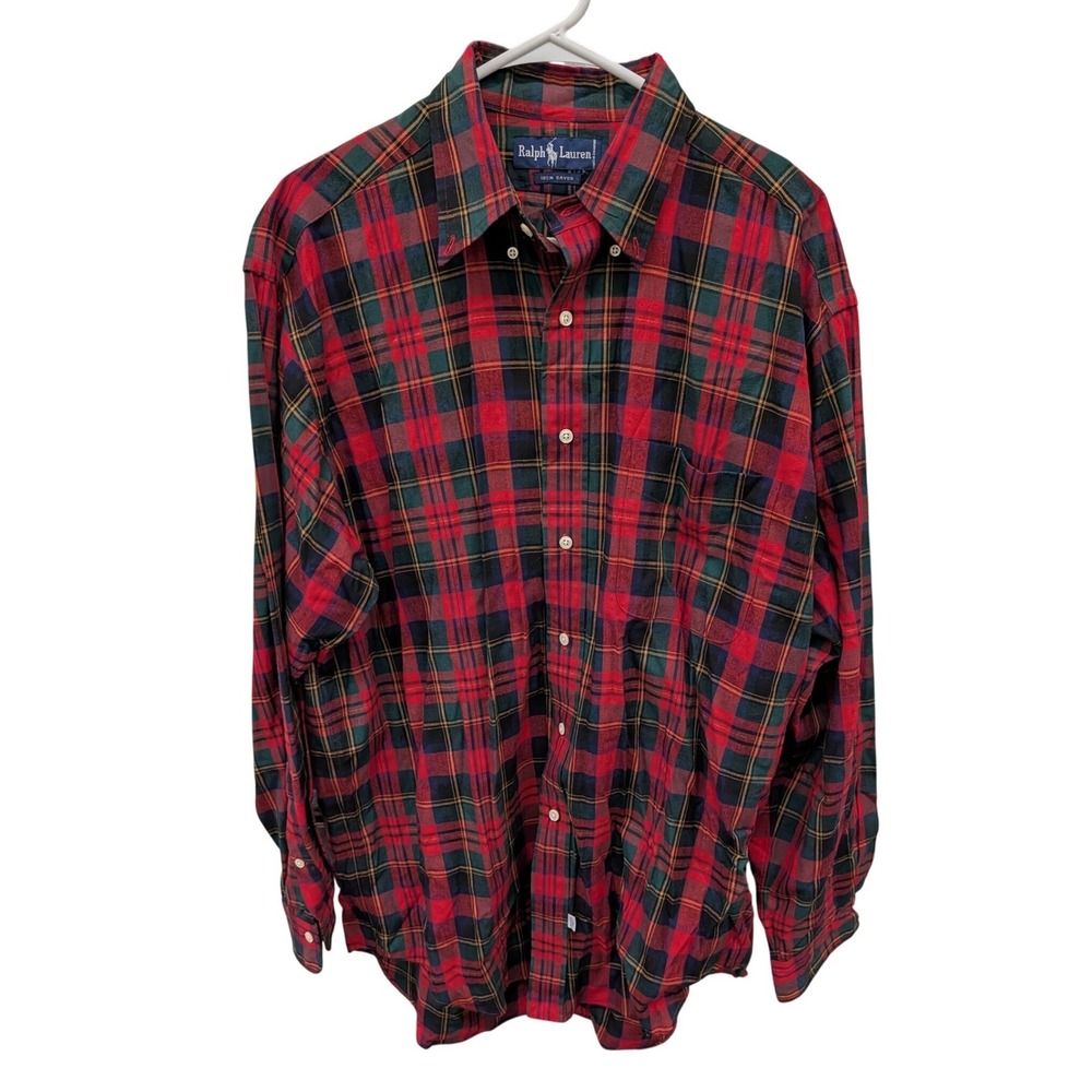 Ralph Lauren Men's Plaid Rayon Button Down Shirt Red Green Tartan- Large